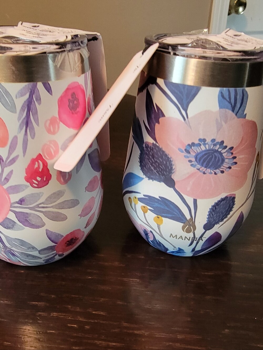 Two Manna Floral Stemless Wine Tumblers in Pink & Purple NWT
